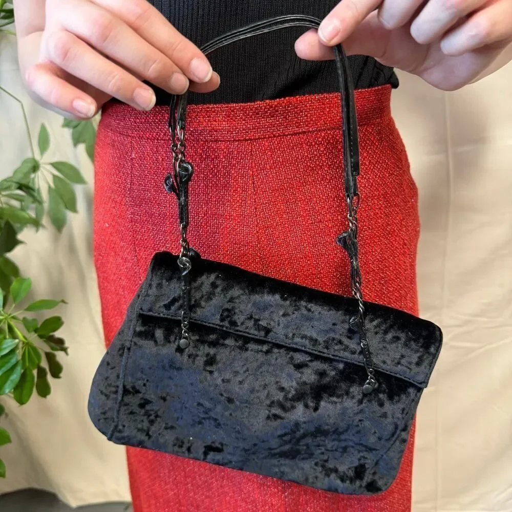 Linea Duart by Artigianato 2000 Black Velvet Purse w/ Leather Trim Made in Italy